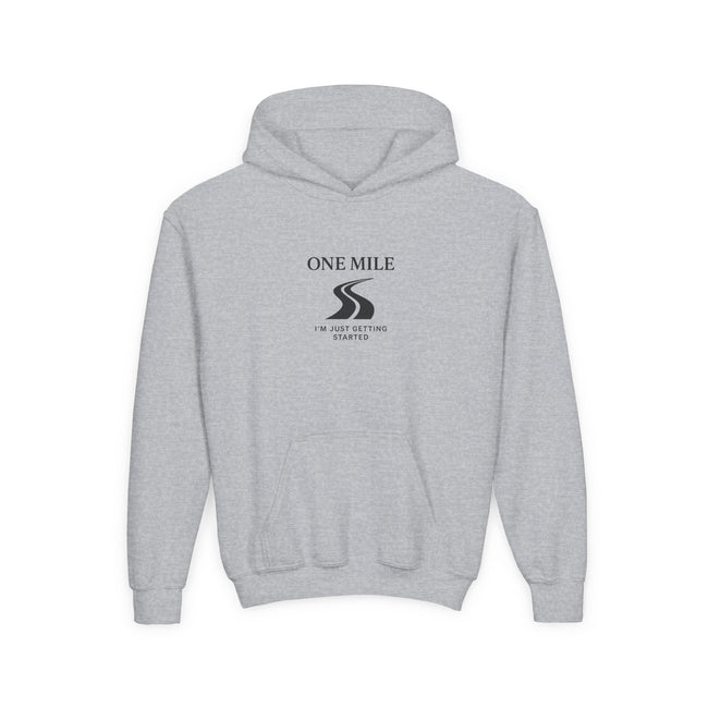 One Mile Youth Hoodie — "Just getting started." Motivational Running Hoodie Main Image
