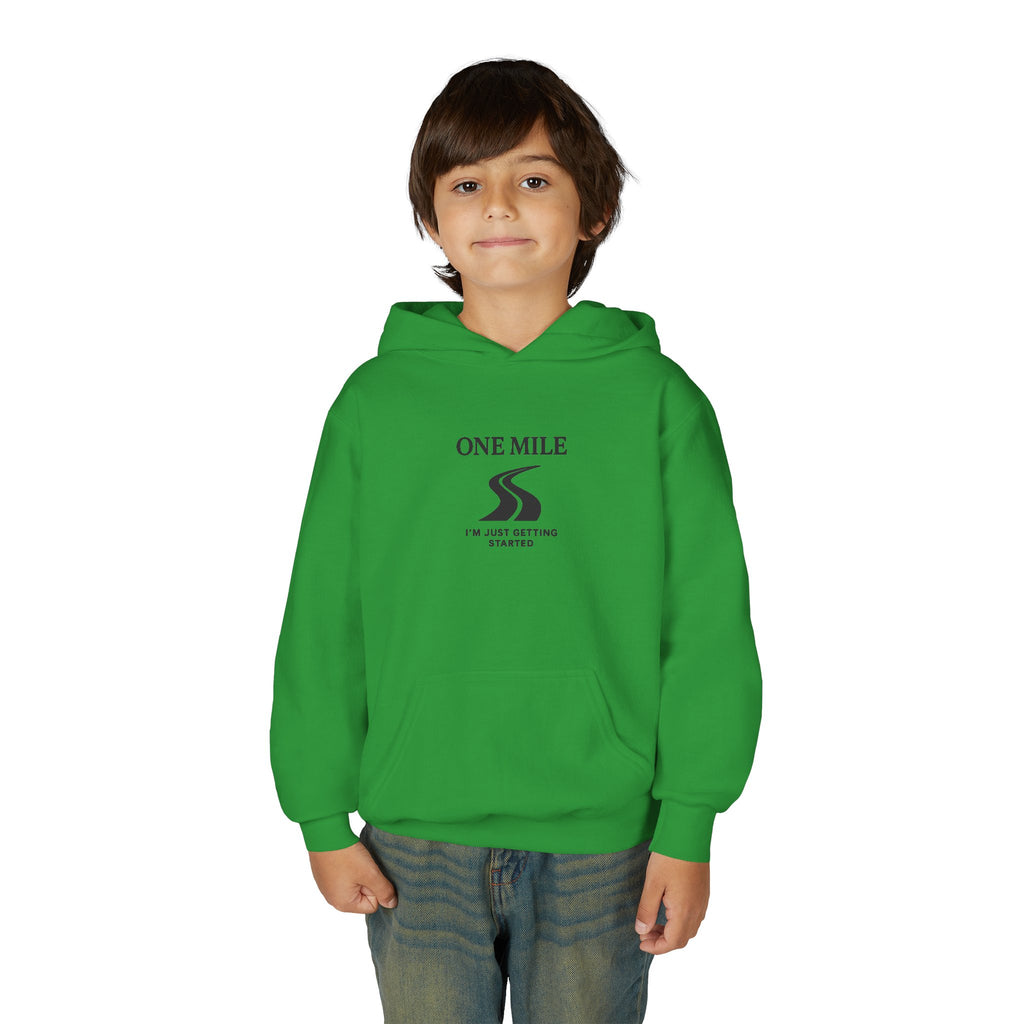 One Mile Youth Hoodie — "Just getting started." Motivational Running Hoodie