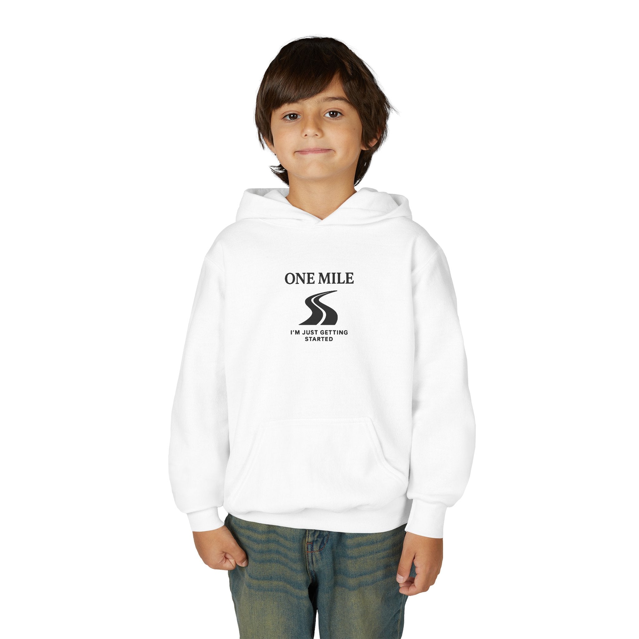 One Mile Youth Hoodie — "Just getting started." Motivational Running Hoodie