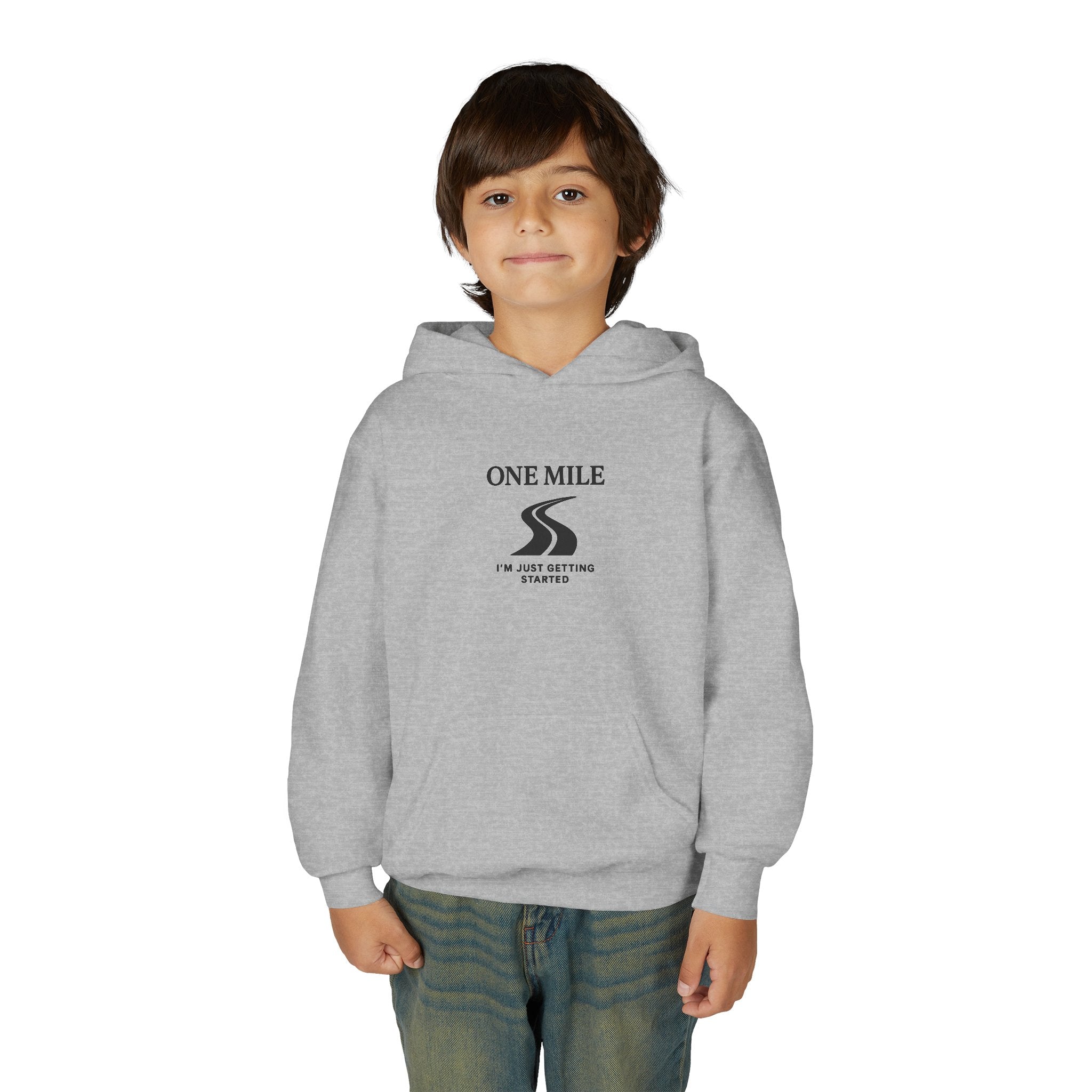One Mile Youth Hoodie — "Just getting started." Motivational Running Hoodie